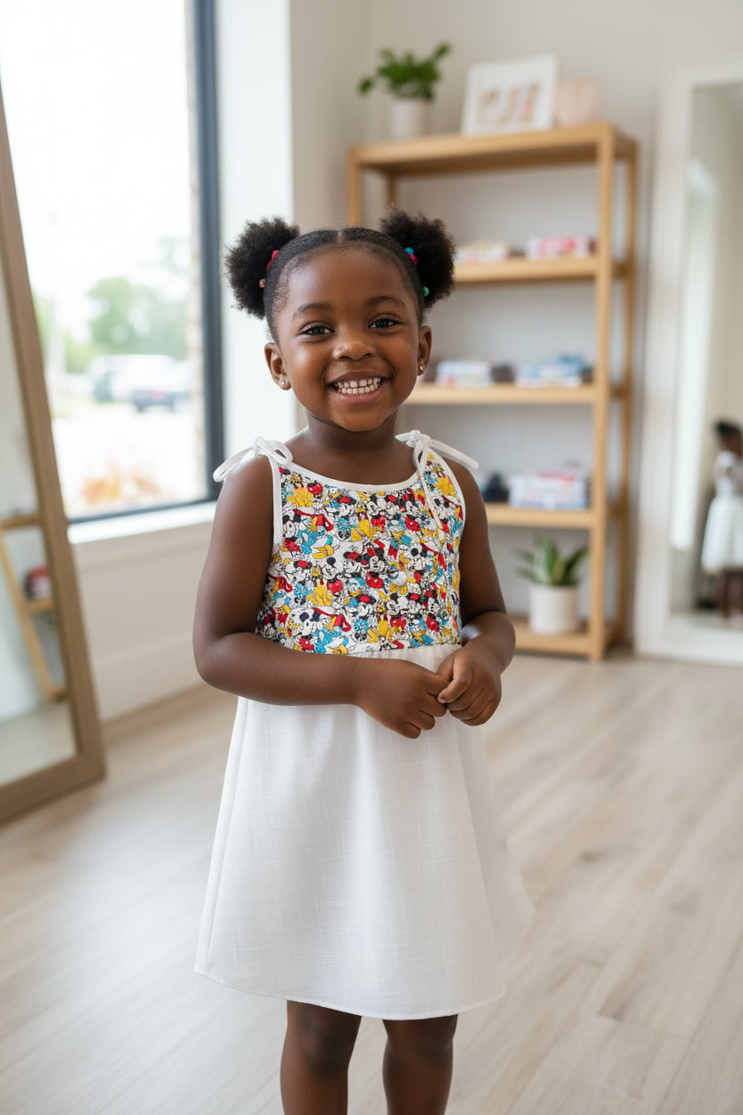 Colorful dress with cartoon design on a white garment