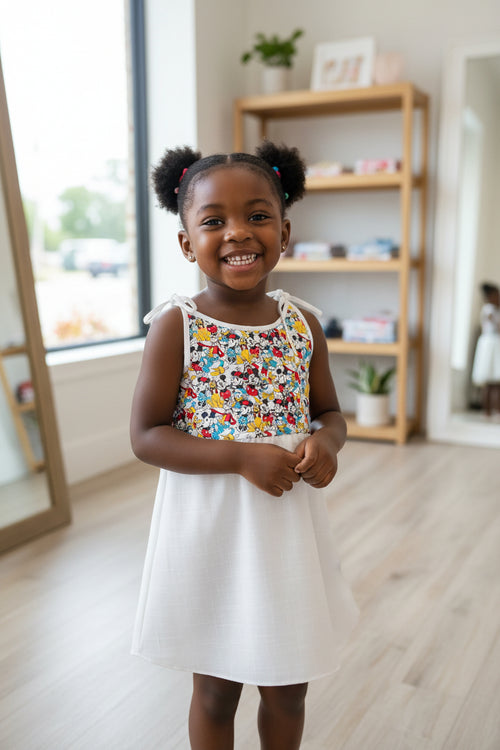 Colorful dress with cartoon design on a white garment